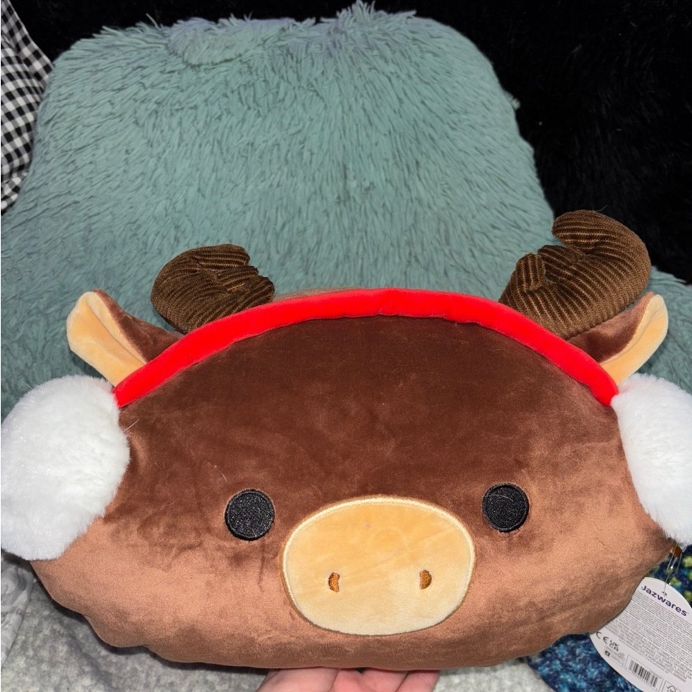 Brown Christmas Squishmallow Reindeer Pillow with Red Headband